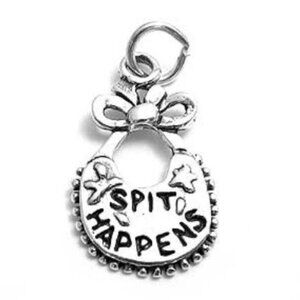 "SPIT HAPPENS" ON BABY BIB CHARM IN STERLING SILVER